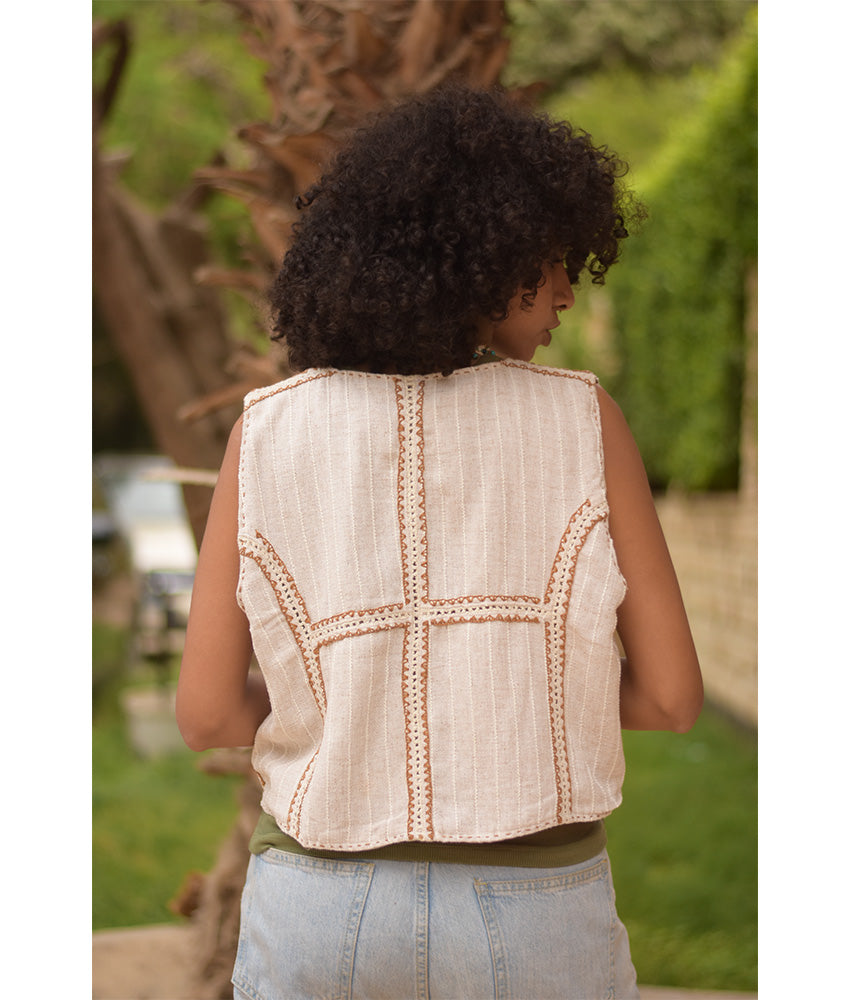 Off White & brown Hand Embroideries Linen Vest handmade in Egypt & available at Jozee Boutique.