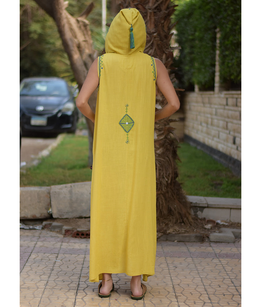 Mustard Siwa Heavily Embroidered Linen Dress with Hoodie handmade in Egypt & available at Jozee Boutique.