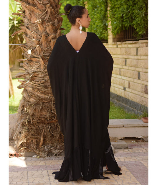 Black Handwoven Ruffle Kaftan handmade in Egypt & available at Jozee boutique