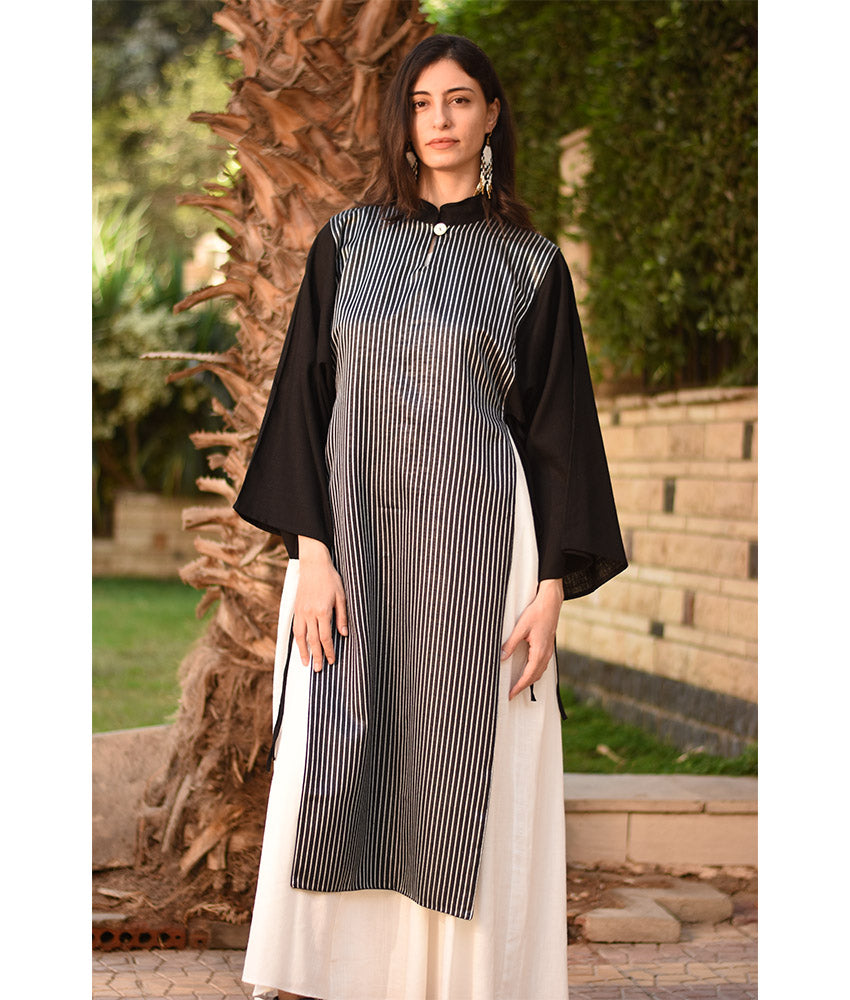 Black & Grey Silk & Cotton Loom Woven Long Sleeve Tunic handmade in Egypt & available at Jozee Boutique.