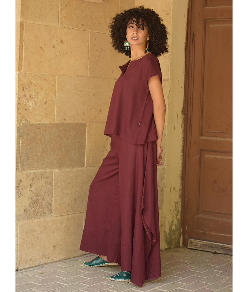 Burgundy Linen Draped Wide-Leg Pants handmade in Egypt & available in Jozee boutique
