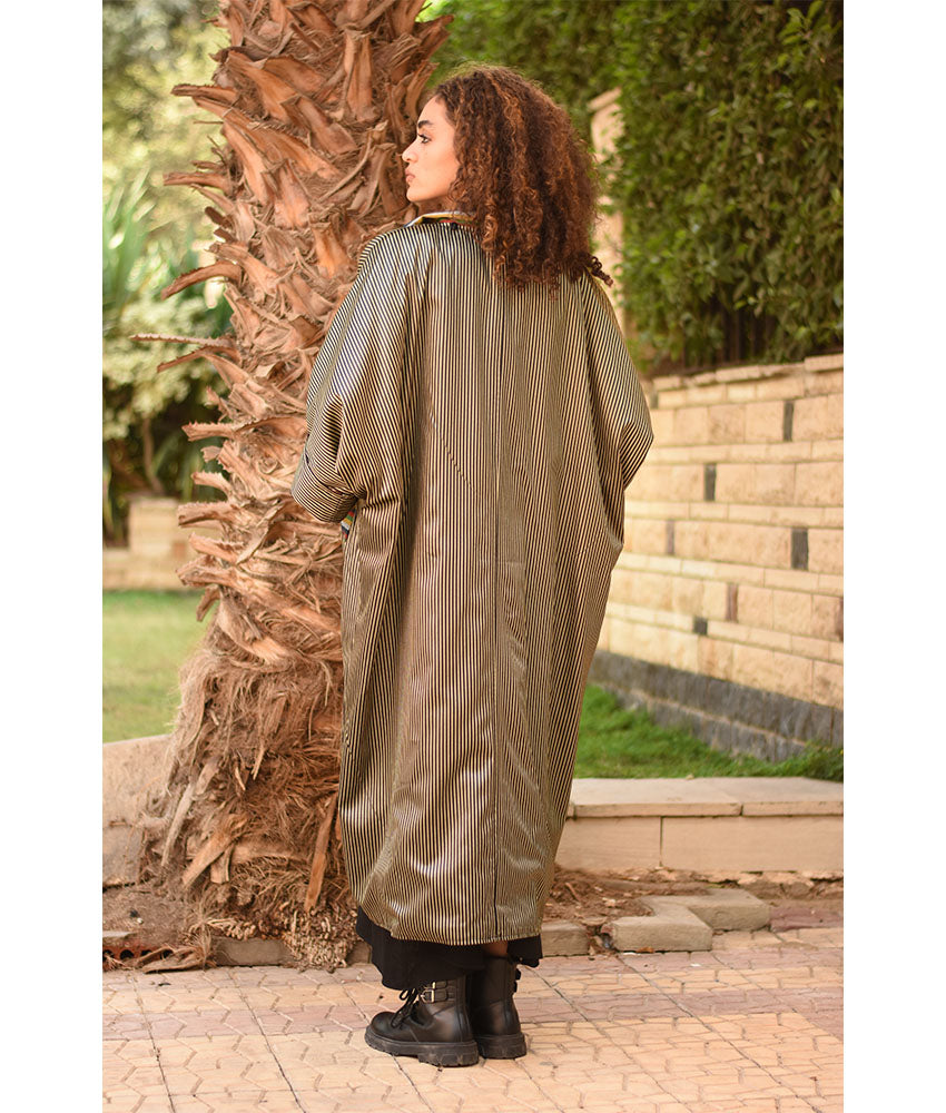 Striped Gold and Black & Multicolored Long Double-Faced Jacket handmade in Egypt & available at Jozee Boutique.