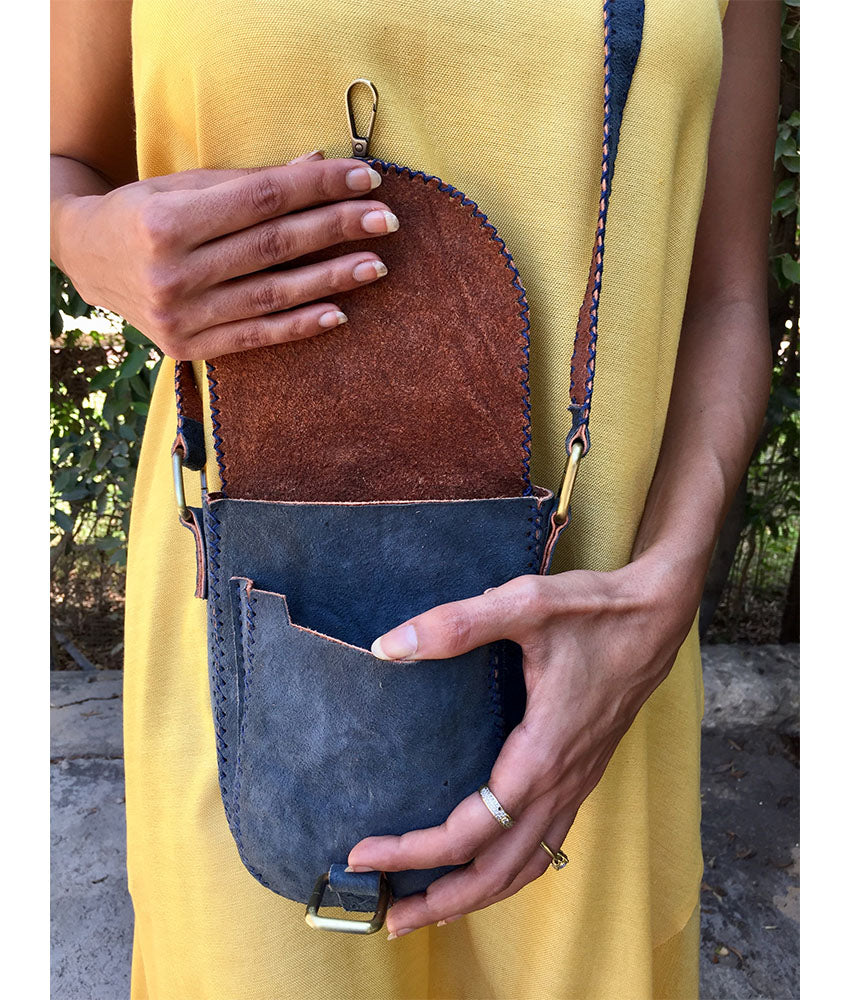 Grey Genuine Leather Cross Bag handmade in Egypt & available at Jozee Boutique.