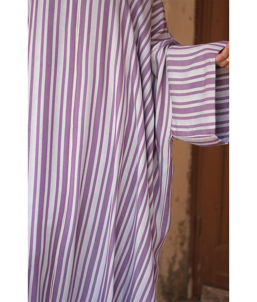 White & Purple Stripped Viscose Kaftan with Hoodie handmade in Egypt & available at Jozee Boutique.