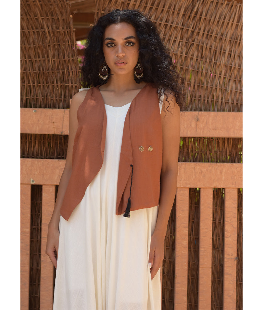 Cinnamon El Mahrousa Linen Wrap Vest handmade in Egypt & available at Jozee Boutique.