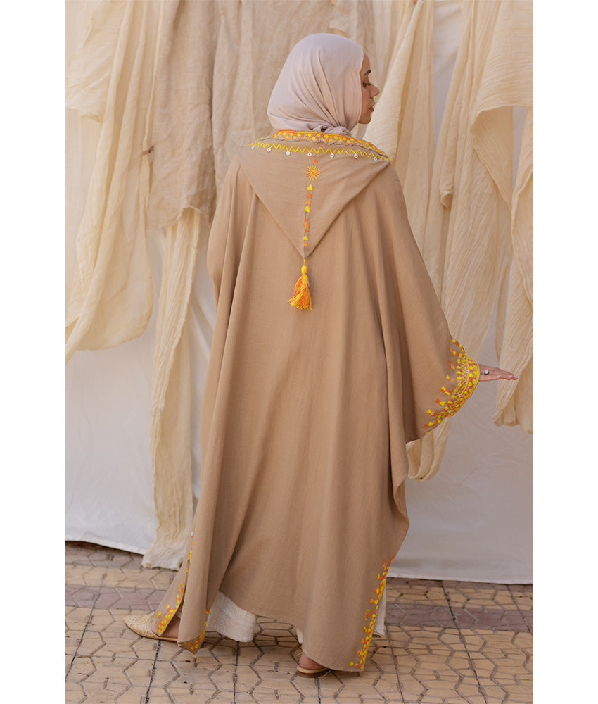 Dark Beige Siwa Embroidered Linen Kaftan with Hoodie handmade in Egypt & available at Jozee Boutique.