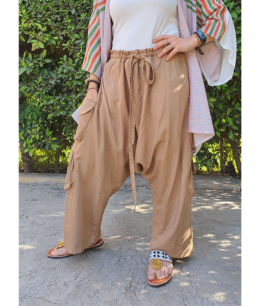 Dark Beige Linen Baggy Harem Pants handmade in Egypt & available in Jozee Boutique