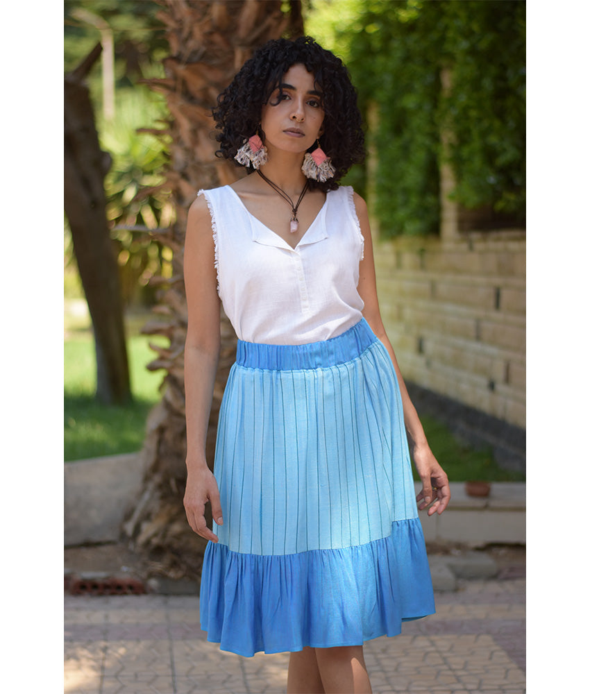Shades of Blue Handwoven Short Ruffle Skirt handmade in Egypt & available at Jozee Boutique.