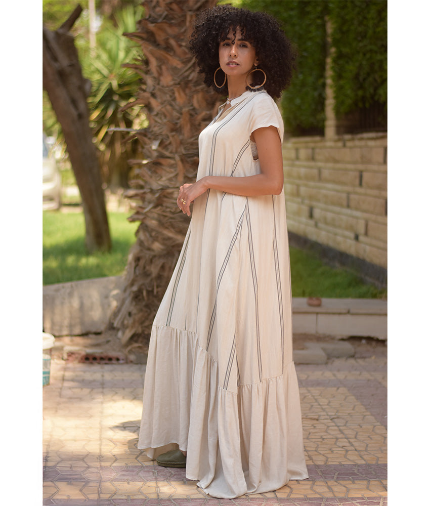 Off White Handwoven Ruffle Dress Handmade in Egypt & available at Jozee Boutique