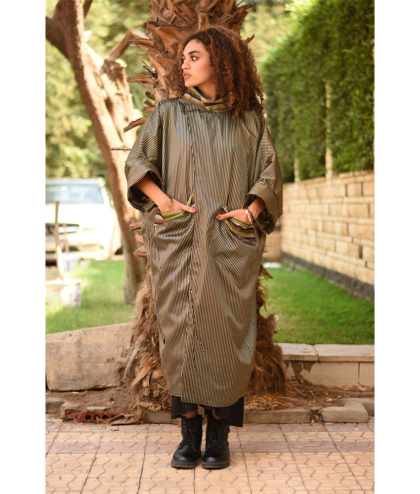 Striped Gold and Black & Multicolored Long Double-Faced Jacket handmade in Egypt & available at Jozee Boutique.