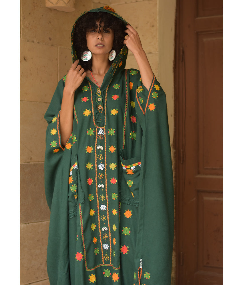 Emerald Green Siwa Embroidered Linen Kaftan with Hoodie handmade in Egypt & available at Jozee Boutique.