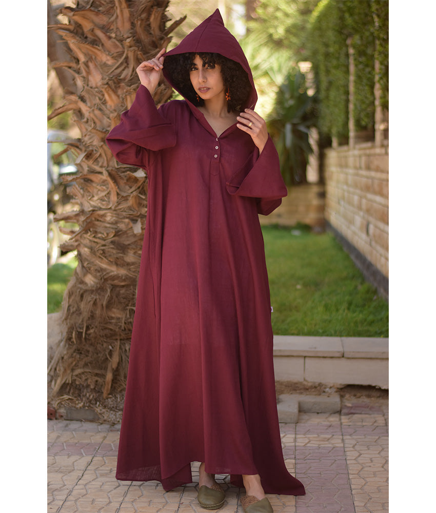 Burgundy Linen Dress with Hoodie handmade in Egypt & available at Jozee Boutique.