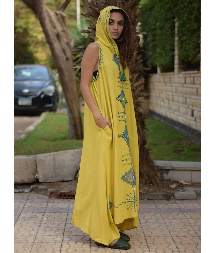 Mustard Siwa Heavily Embroidered Linen Dress with Hoodie handmade in Egypt & available at Jozee Boutique.