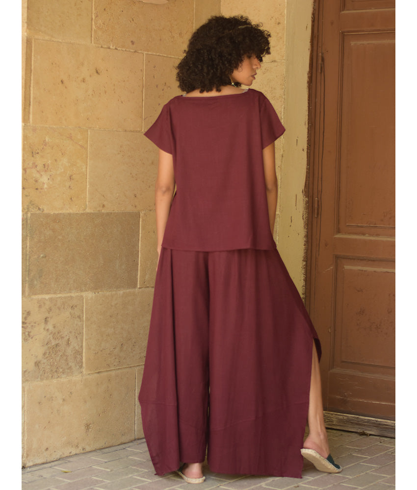 Burgundy Linen Draped Wide-Leg Pants handmade in Egypt & available in Jozee boutique