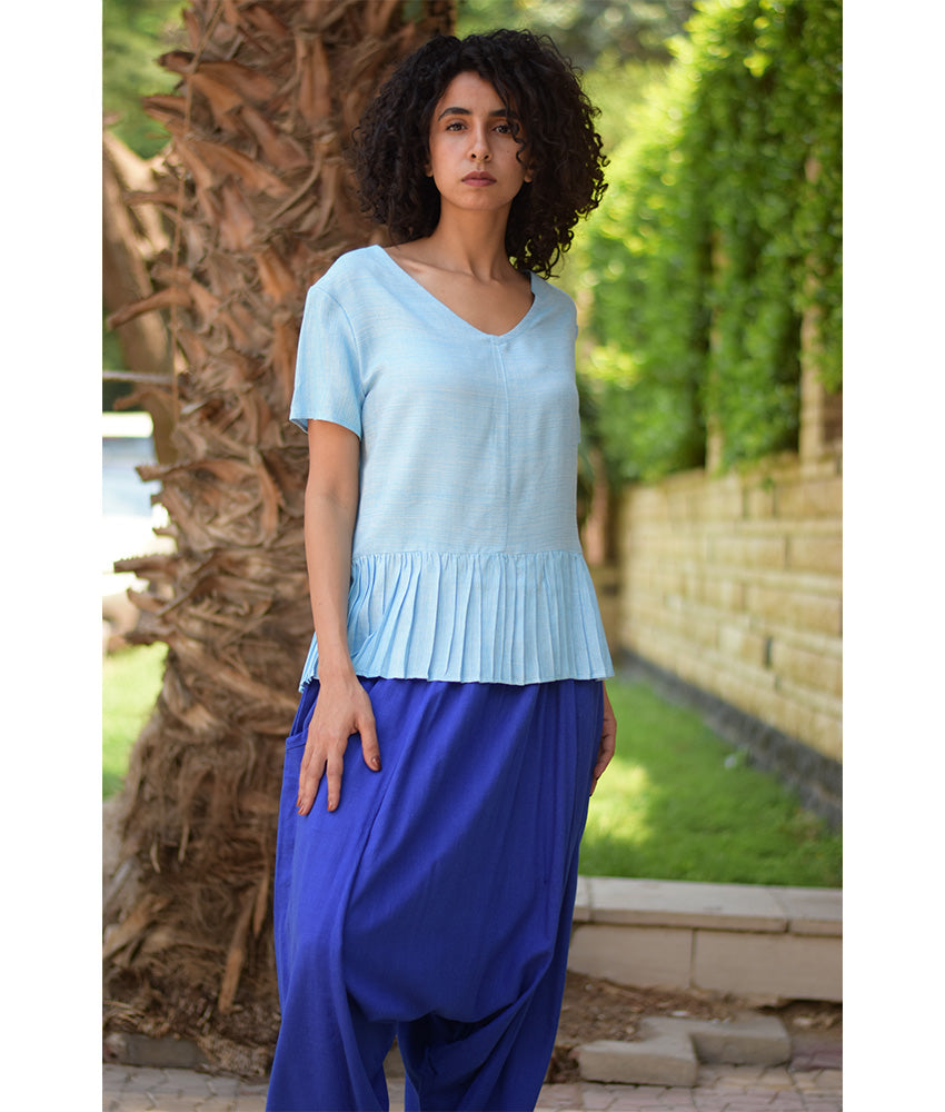 Baby Blue Handwoven Ruffle Top handmade in Egypt & available in Jozee boutique