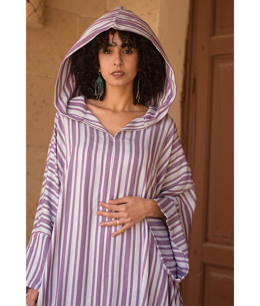 White & Purple Stripped Viscose Kaftan with Hoodie handmade in Egypt & available at Jozee Boutique.