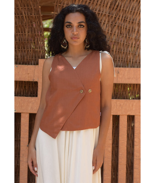 Cinnamon El Mahrousa Linen Wrap Vest handmade in Egypt & available at Jozee Boutique.