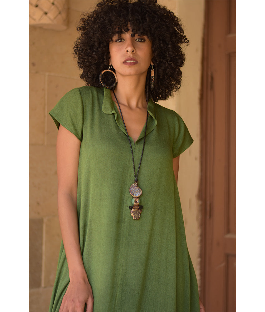 Green Handwoven Ruffle Dress Handmade in Egypt & available at Jozee Boutique