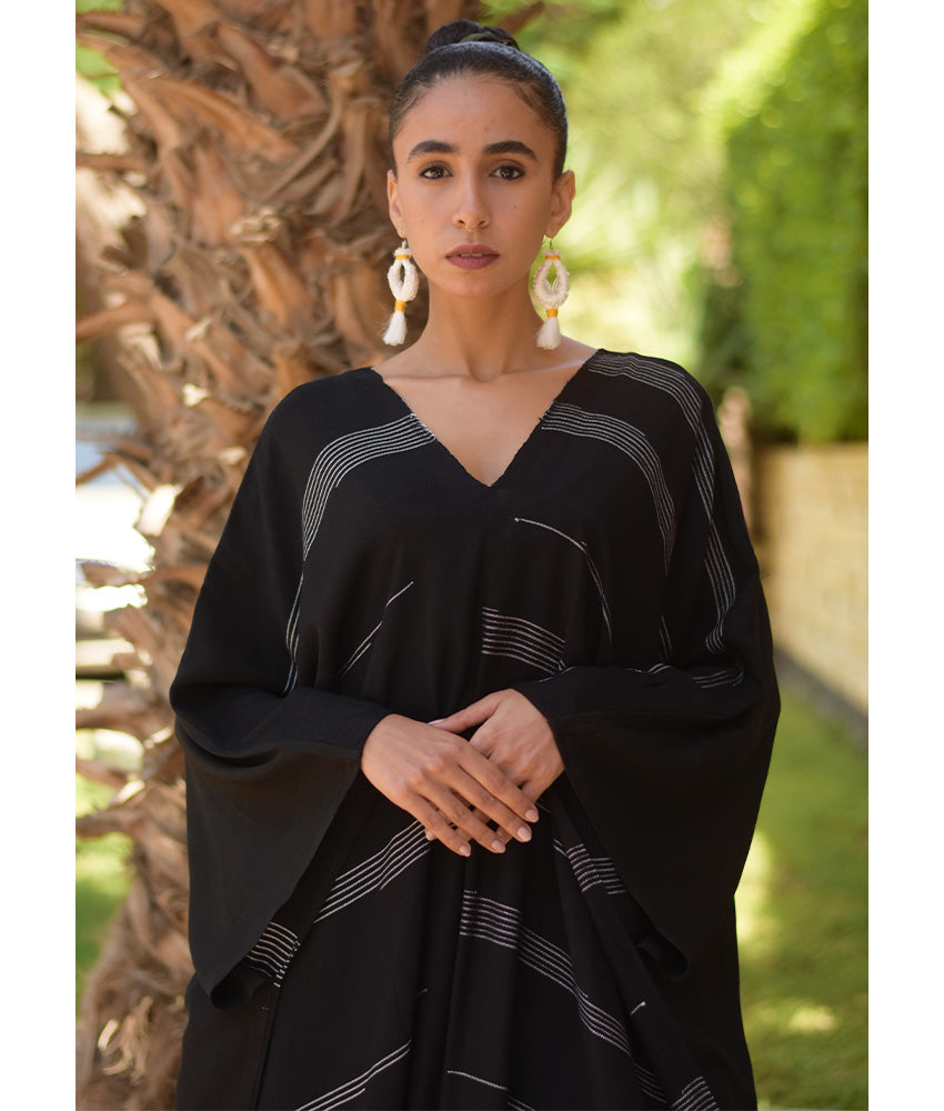 Black Handwoven Ruffle Kaftan handmade in Egypt & available at Jozee boutique