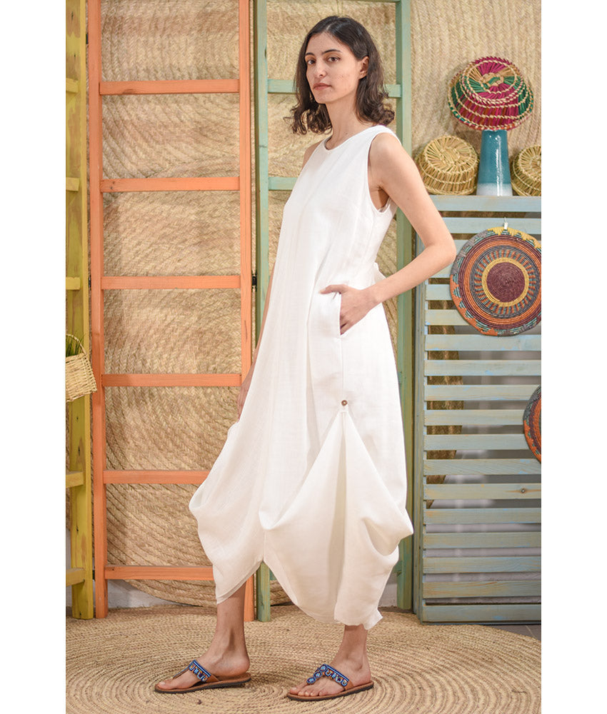 White Linen Tent Dress With Side Buttons handmade in Egypt & available at Jozee boutique