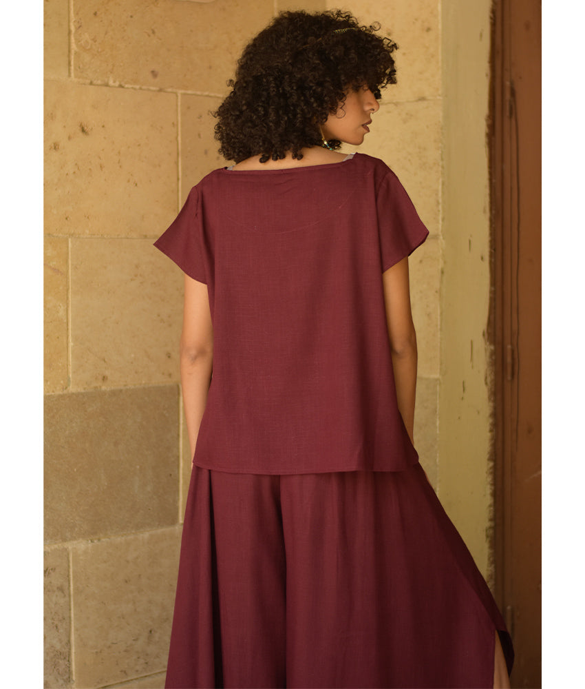 Burgundy Linen Relaxed Top handmade in Egypt & available at Jozee boutique