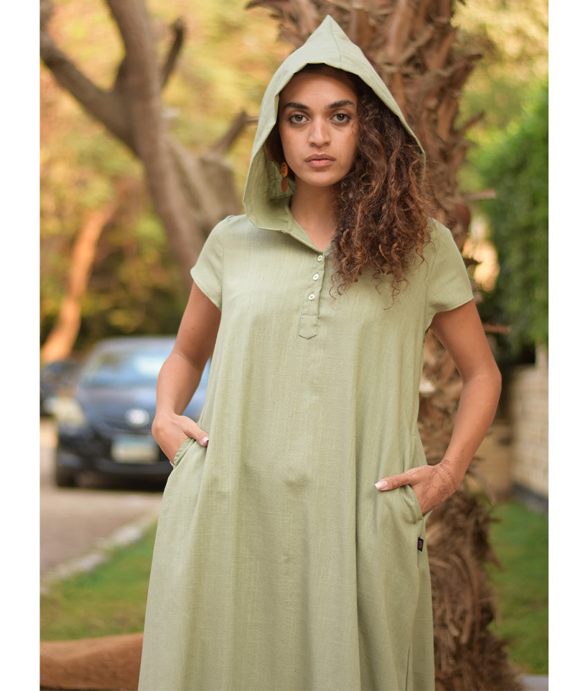 Light olive Linen Dress with Hoodie handmade in Egypt & available at Jozee Boutique.