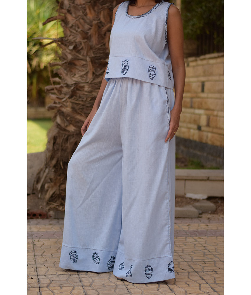 Baby blue Cotton Set with Hand Embroideries handmade in Egypt & available at Jozee Boutique.