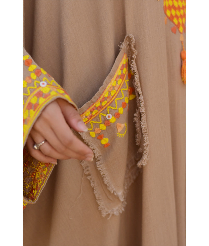 Dark Beige Siwa Embroidered Linen Kaftan with Hoodie handmade in Egypt & available at Jozee Boutique.
