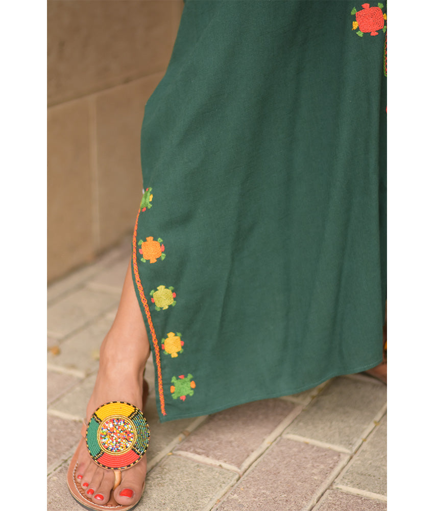 Emerald Green Siwa Embroidered Linen Kaftan with Hoodie handmade in Egypt & available at Jozee Boutique.
