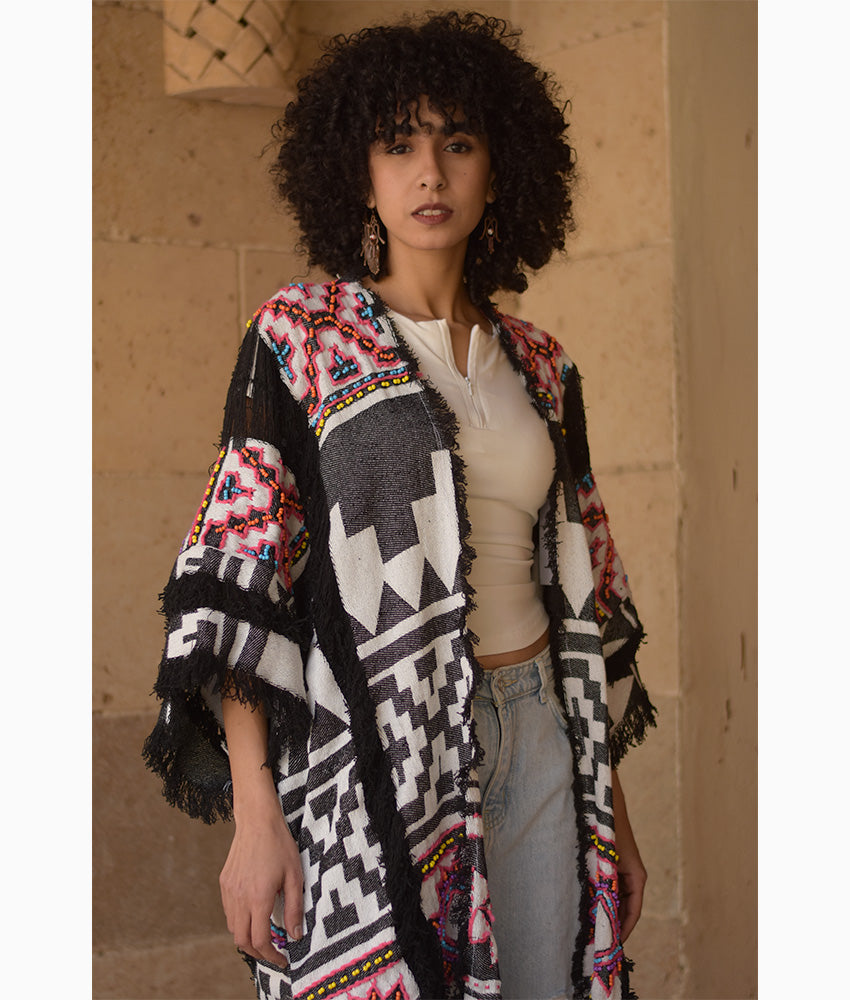 Black & White Beaded Kimono Handmade in Egypt & available at Jozee Boutique
