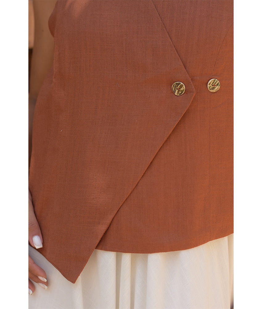 Cinnamon El Mahrousa Linen Wrap Vest handmade in Egypt & available at Jozee Boutique.