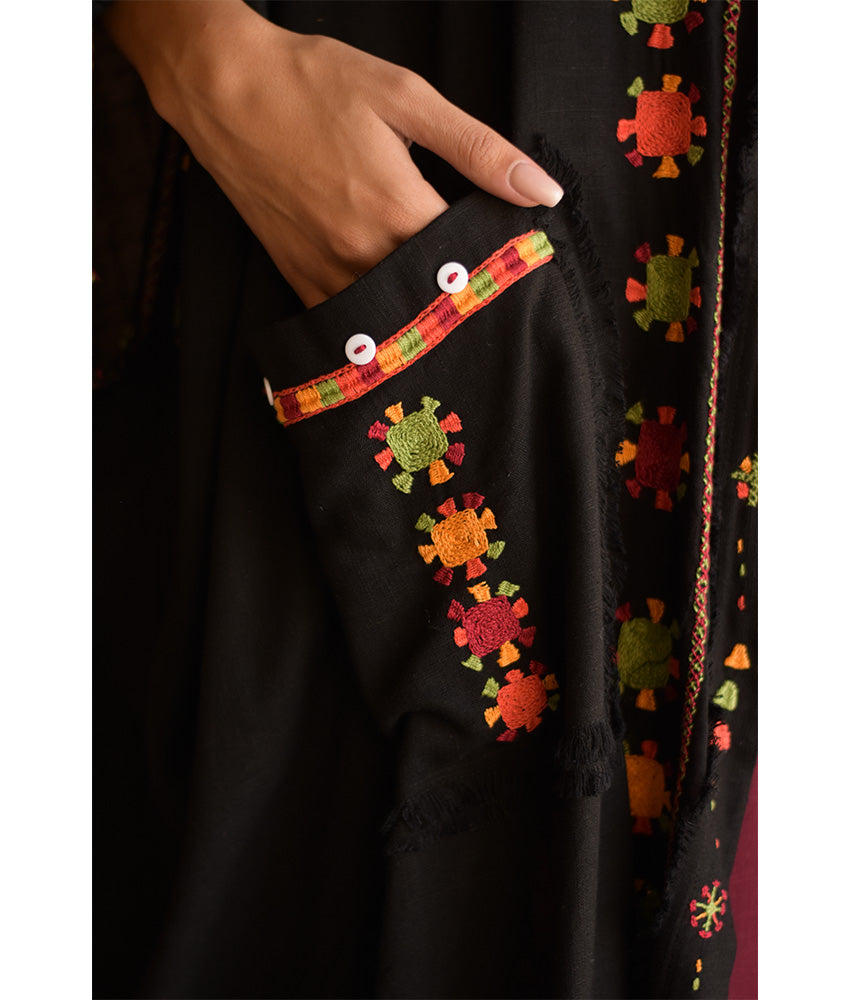 Black Siwa Embroidered Linen Cardigan/Abaya with Hoodie handmade in Egypt & available at Jozee Boutique.