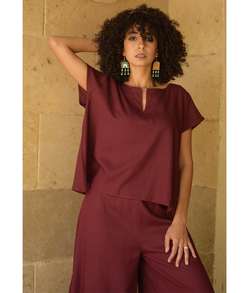 Burgundy Linen Relaxed Top handmade in Egypt & available at Jozee boutique