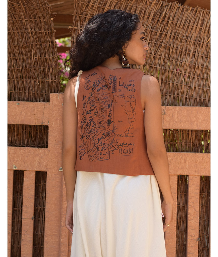 Cinnamon El Mahrousa Linen Wrap Vest handmade in Egypt & available at Jozee Boutique.