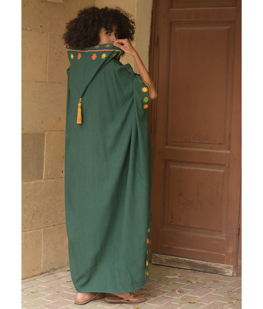 Emerald Green Siwa Embroidered Linen Kaftan with Hoodie handmade in Egypt & available at Jozee Boutique.