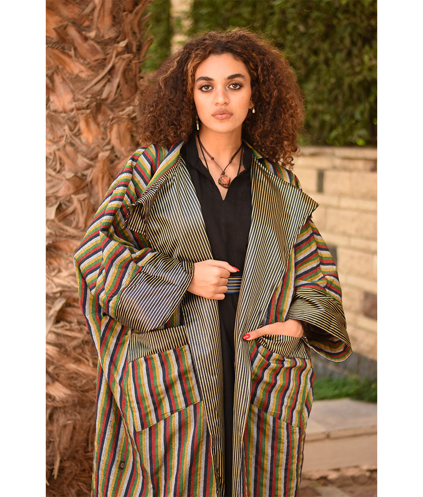 Striped Gold and Black & Multicolored Long Double-Faced Jacket handmade in Egypt & available at Jozee Boutique.