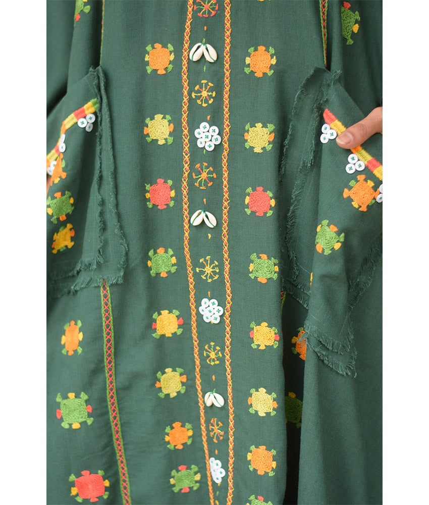 Emerald Green Siwa Embroidered Linen Kaftan with Hoodie handmade in Egypt & available at Jozee Boutique.