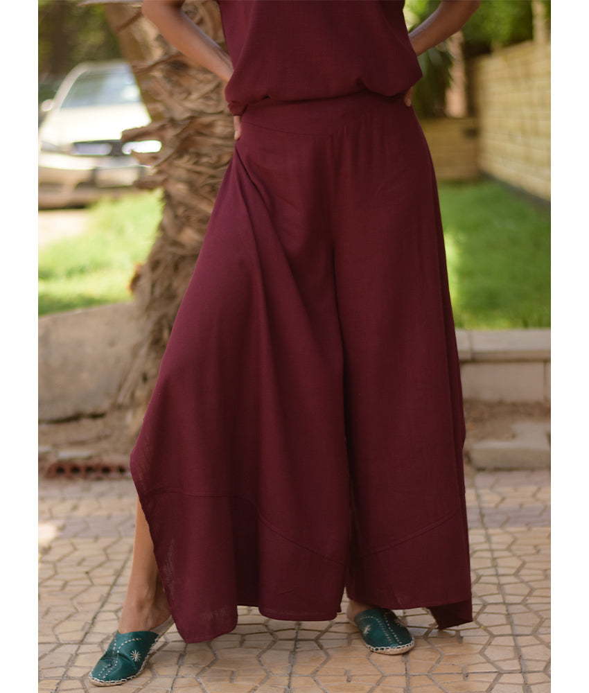 Burgundy Linen Draped Wide-Leg Pants handmade in Egypt & available in Jozee boutique