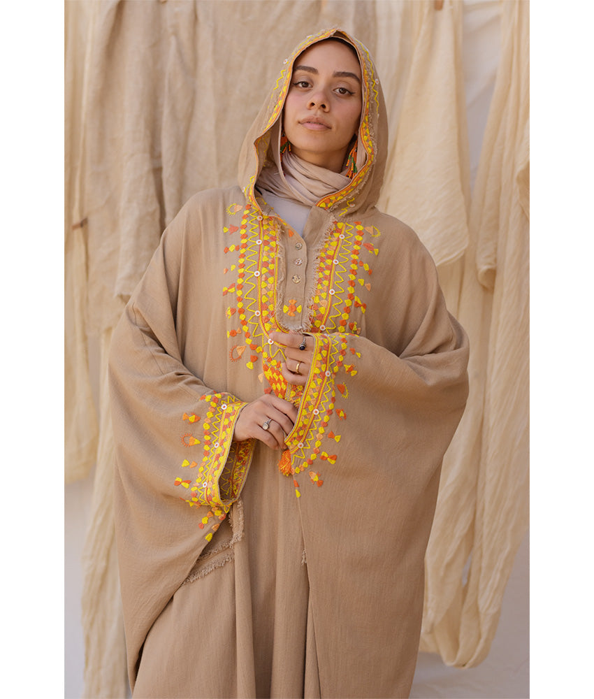 Dark Beige Siwa Embroidered Linen Kaftan with Hoodie handmade in Egypt & available at Jozee Boutique.