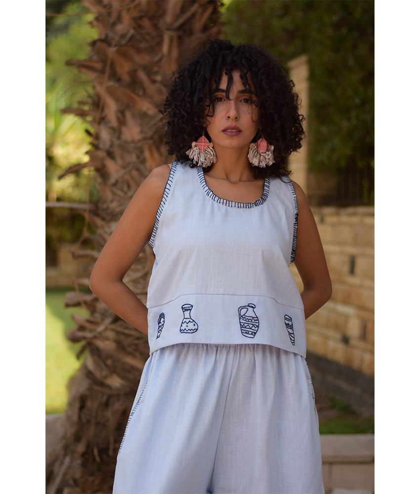 Baby blue Cotton Set with Hand Embroideries handmade in Egypt & available at Jozee Boutique.