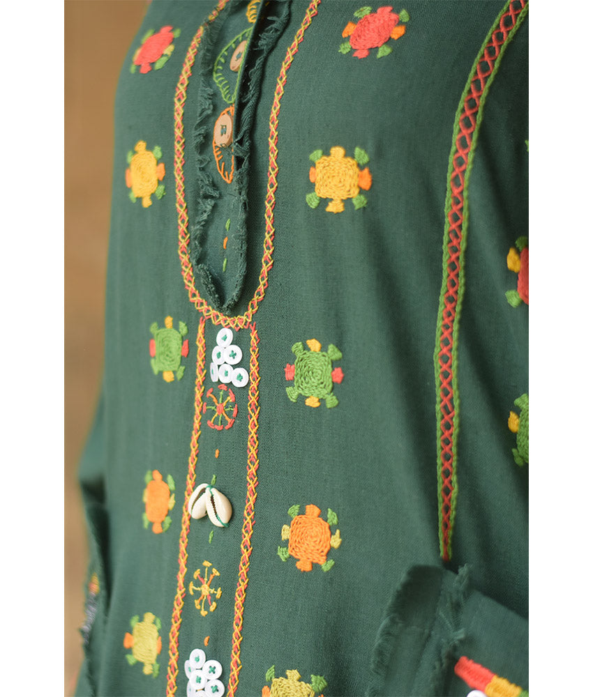 Emerald Green Siwa Embroidered Linen Kaftan with Hoodie handmade in Egypt & available at Jozee Boutique.