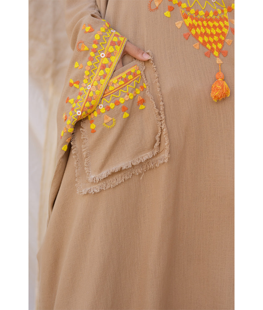 Dark Beige Siwa Embroidered Linen Kaftan with Hoodie handmade in Egypt & available at Jozee Boutique.