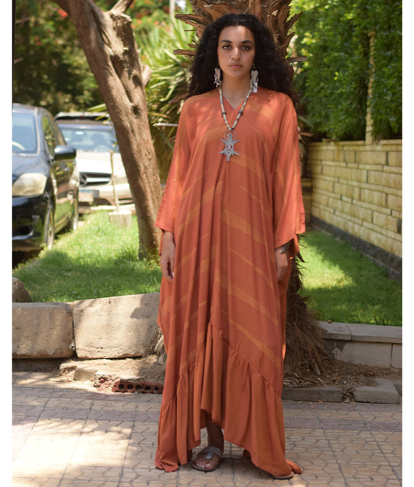 Burnt Orange Handwoven Ruffle Kaftan handmade in Egypt & available at Jozee boutique