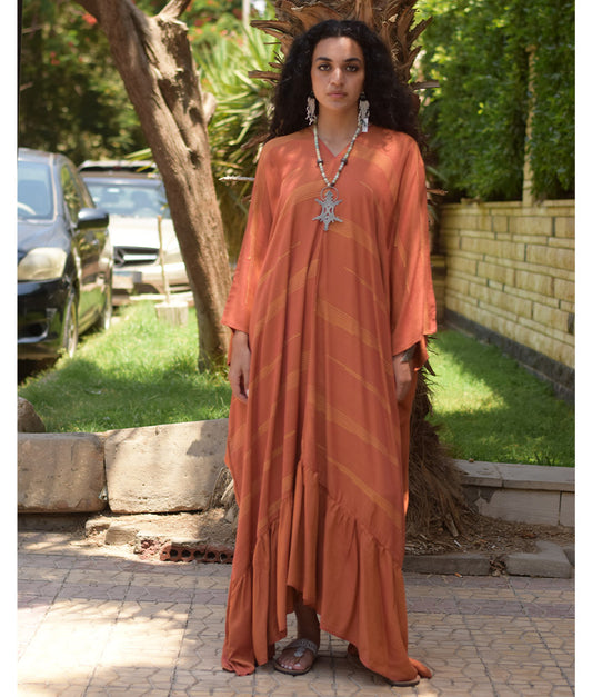 Burnt Orange Handwoven Ruffle Kaftan handmade in Egypt & available at Jozee boutique
