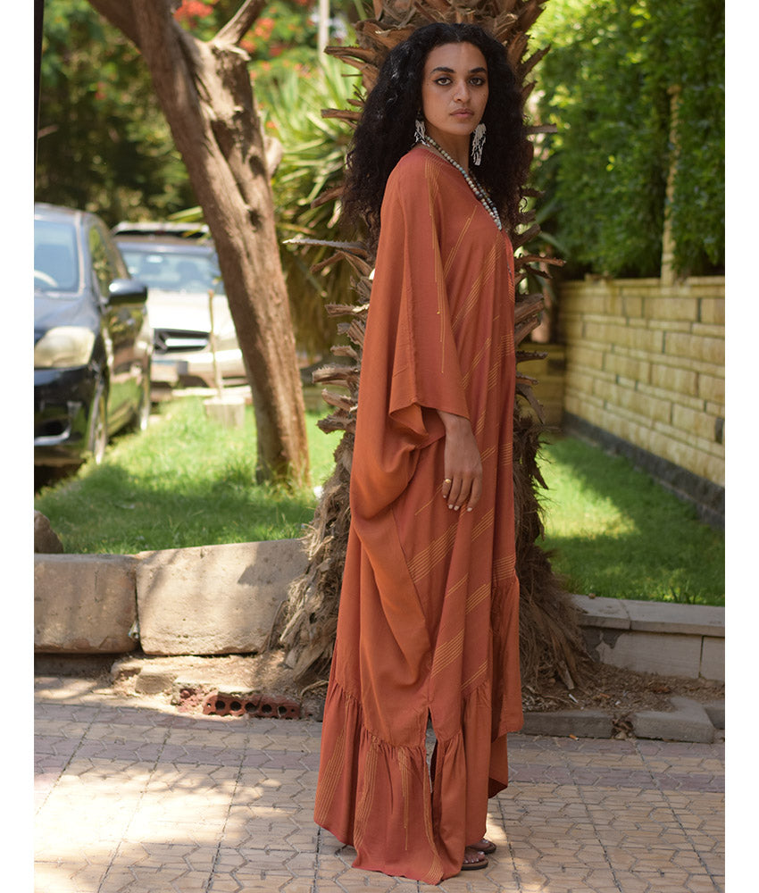 Burnt Orange Handwoven Ruffle Kaftan handmade in Egypt & available at Jozee boutique