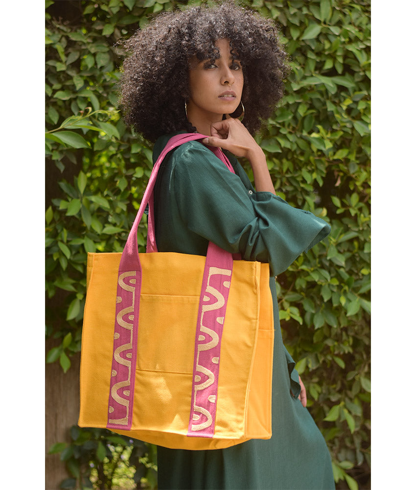 Fuchsia & mustard Embroidered Tote Bag handmade in Egypt & available at Jozee Boutique.