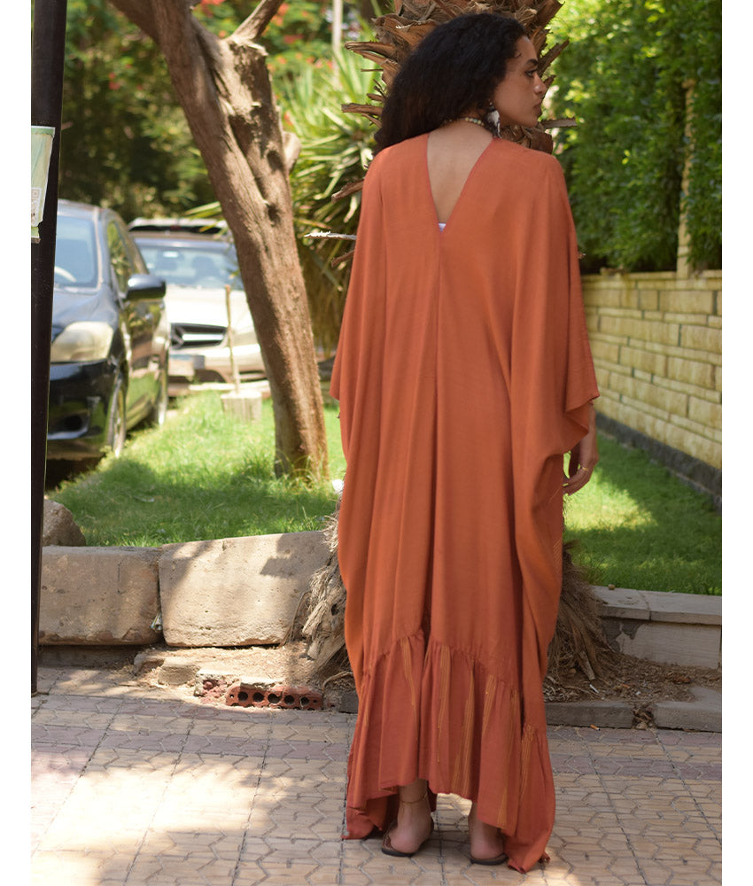 Burnt Orange Handwoven Ruffle Kaftan handmade in Egypt & available at Jozee boutique
