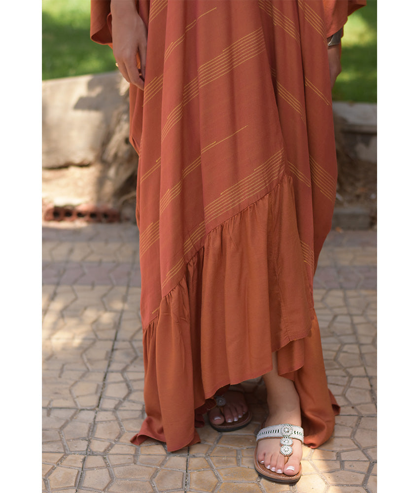 Burnt Orange Handwoven Ruffle Kaftan handmade in Egypt & available at Jozee boutique