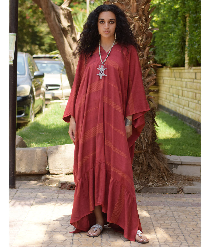 Burgundy Handwoven Ruffle Kaftan handmade in Egypt & available at Jozee boutique