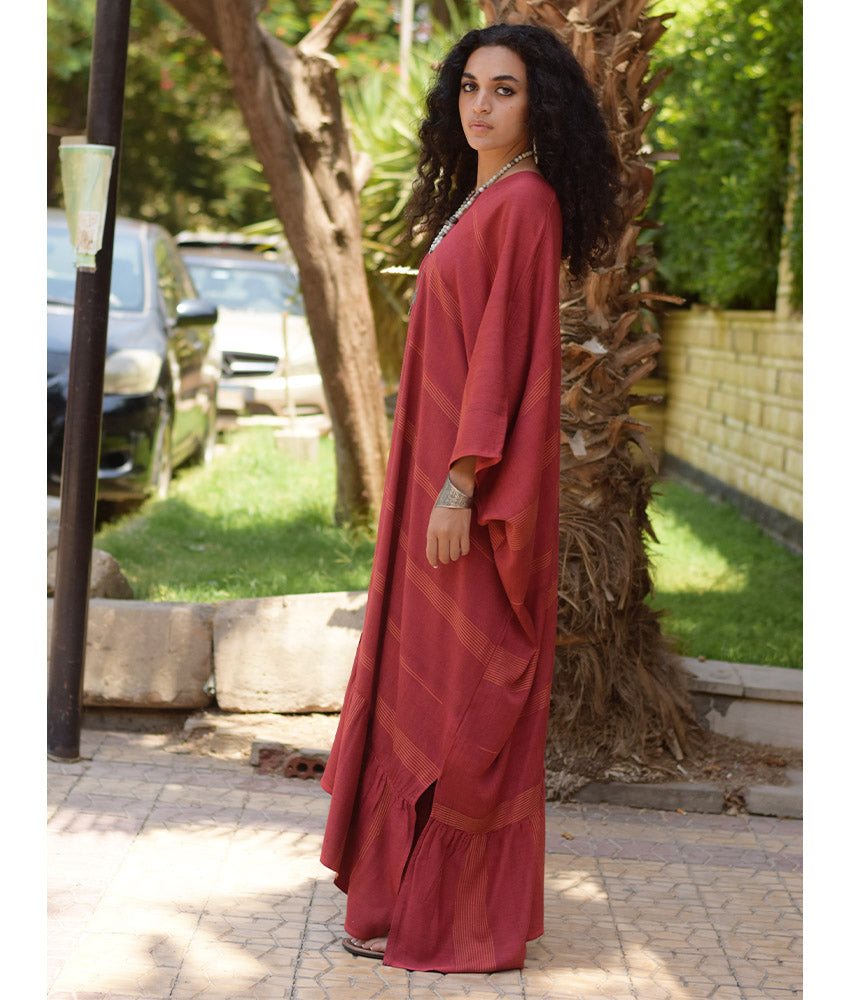 Burgundy Handwoven Ruffle Kaftan handmade in Egypt & available at Jozee boutique